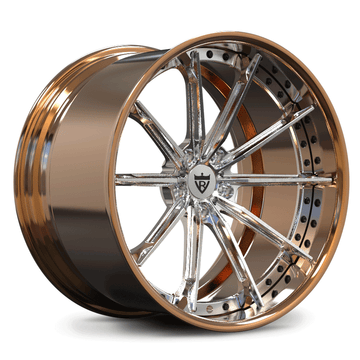 Custom forged RV-DC29 wheel in bronze and chrome finish, featuring concave design for Corvette C8 and performance vehicles.